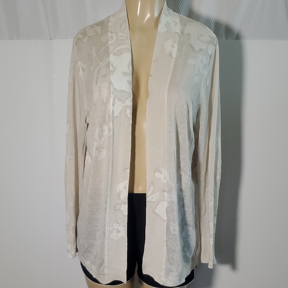 Chico's Women's Soft Blossom Linen/Cotton Knit Open Front Cardigan Sweater Siz 2